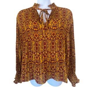 Max Studio Paisley Top Blouse Sz XL Gold Smocked Long Sleeves High Neck Tie Boho